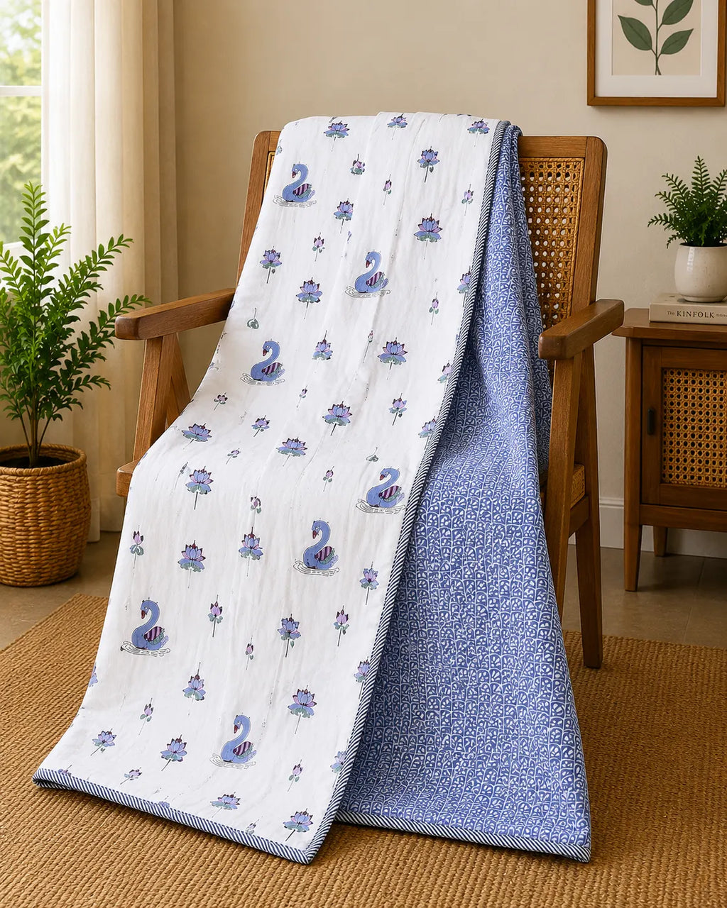 Rajhans Lotus Hand Block Print Reversible Single Bed Dohar | 100% Cotton | Soft Lightweight Quilt