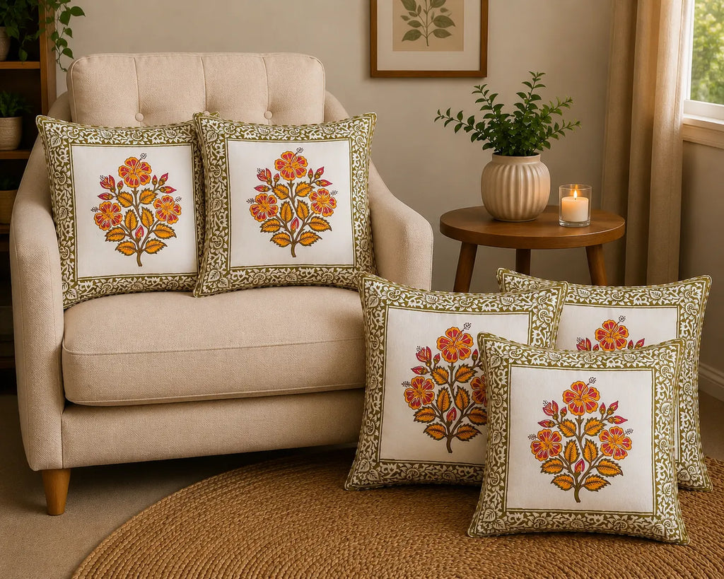Kasturi Hand Block Print Cushion Cover – 16x16 Inch | Floral Cotton Pillow Cover | Jaipur Artisan Design