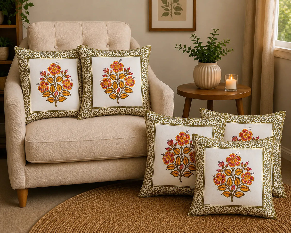 Kasturi Hand Block Print Cushion Cover – 16x16 Inch | Floral Cotton Pillow Cover | Jaipur Artisan Design
