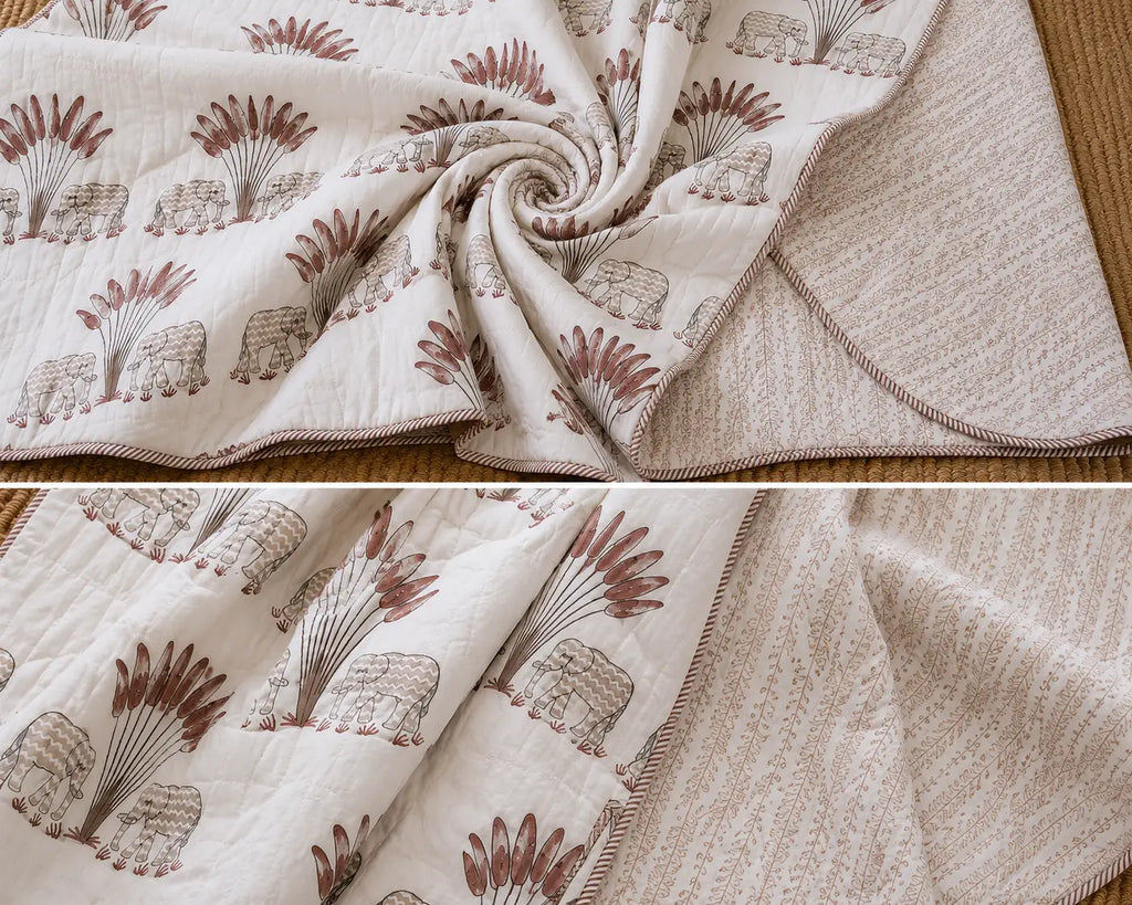 Gaj Vatika Hand Block Print Reversible Single Bed Dohar | 100% Cotton | Soft Lightweight Quilt