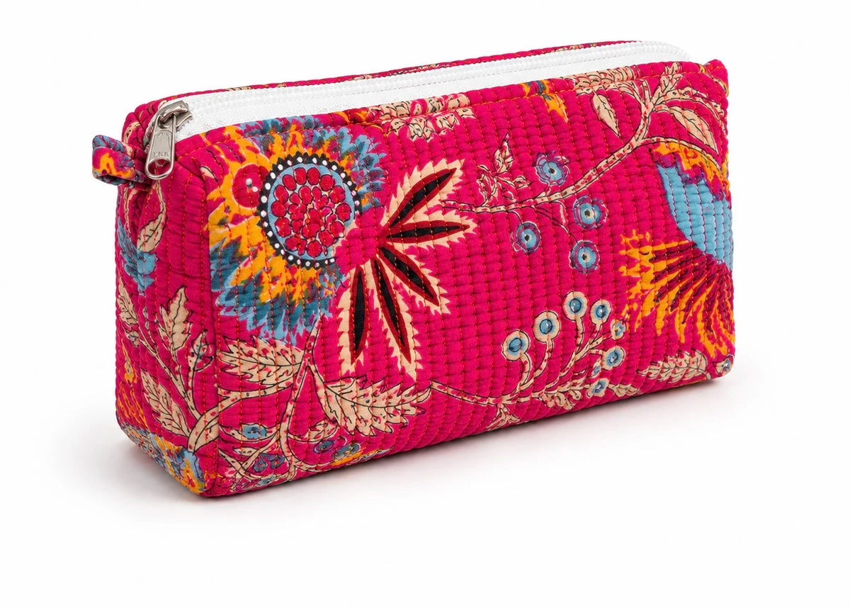 Hand Block Print Quilted Cotton Pouch Set of 3 | Gulmohar Pink Floral Travel Makeup & Toiletry Organizer