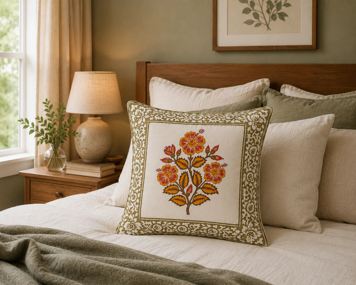 Kasturi Hand Block Print Cushion Cover – 16x16 Inch | Floral Cotton Pillow Cover | Jaipur Artisan Design