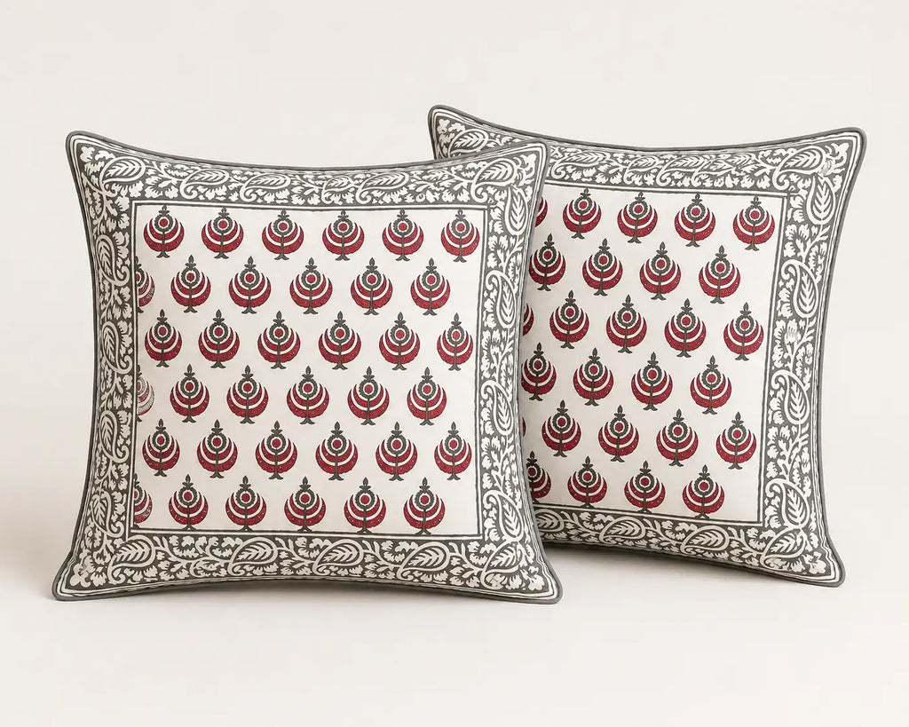 Anaar Bagh Hand Block Print Cushion Cover – 16x16 Inch | Floral Cotton Pillow Cover | Jaipur Artisan Design
