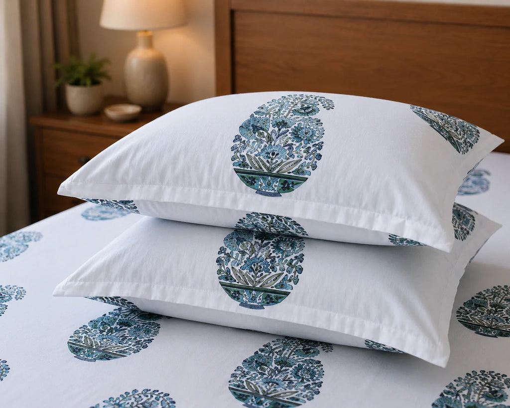 Sham-e-Bahaar Premium Blue & Teal Floral Handblock Print Cotton Bedsheet with 2 Pillow Covers (108x108 Super King Size)
