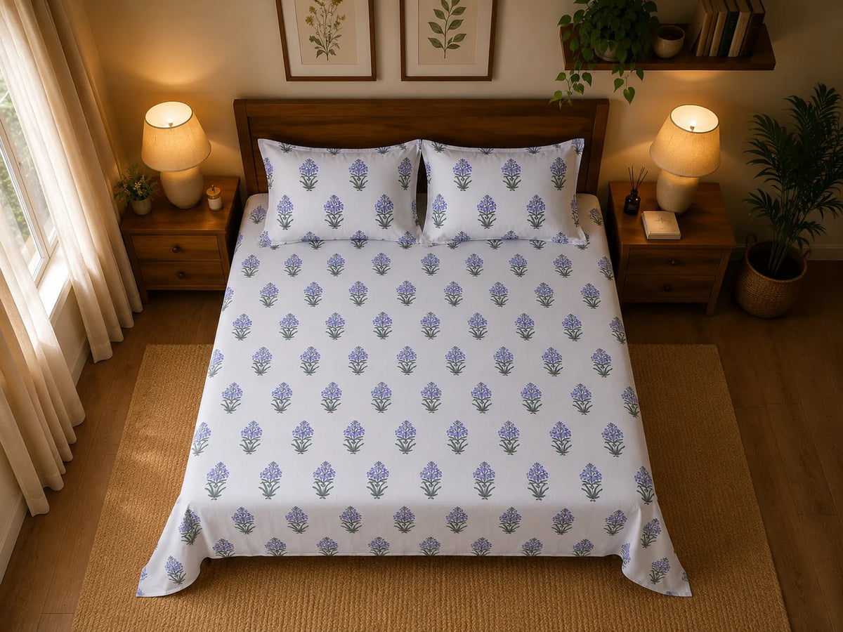 Lavender Buta Handblock Printed Mulmul Cotton Bedsheet with 2 Pillow Covers (108x108 Super King Size)