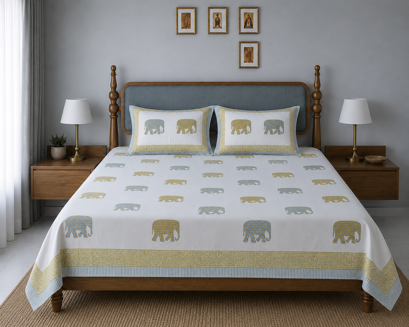 Gajraj Handblock Print Mustard Yellow & Powder Blue Premium Cotton Bedsheet with 2 Pillow Covers (108x108 super king size)