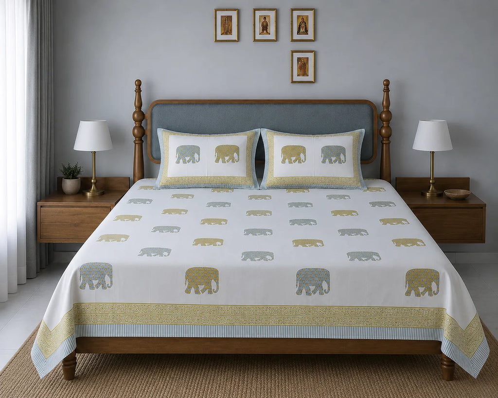 Gajraj Handblock Print Mustard Yellow & Powder Blue Premium Cotton Bedsheet with 2 Pillow Covers (108x108 super king size)