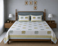 Gajraj Handblock Print Mustard Yellow & Powder Blue Premium Cotton Bedsheet with 2 Pillow Covers (108x108 super king size)