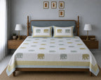 Gajraj Handblock Print Mustard Yellow & Powder Blue Premium Cotton Bedsheet with 2 Pillow Covers (108x108 super king size)