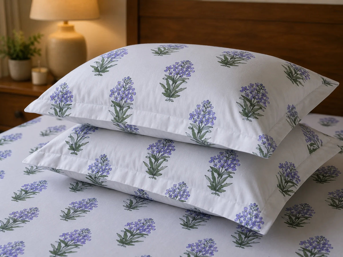 Lavender Buta Handblock Printed Mulmul Cotton Bedsheet with 2 Pillow Covers (108x108 Super King Size)
