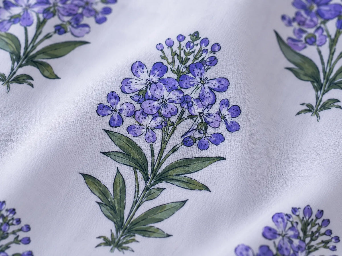 Lavender Buta Handblock Printed Mulmul Cotton Bedsheet with 2 Pillow Covers (108x108 Super King Size)