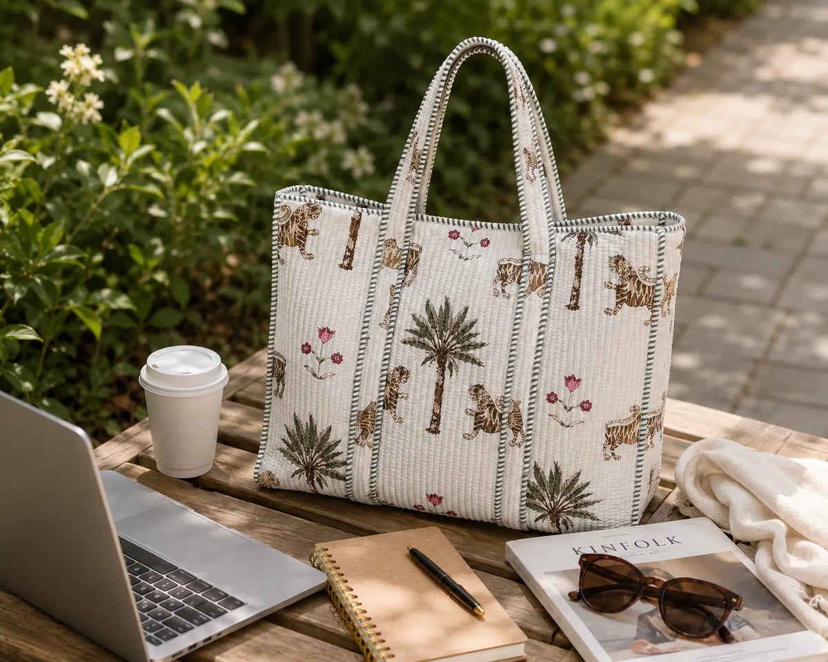 The Ranthambore Quilted Hand-Block Printed Cotton Tote Bag