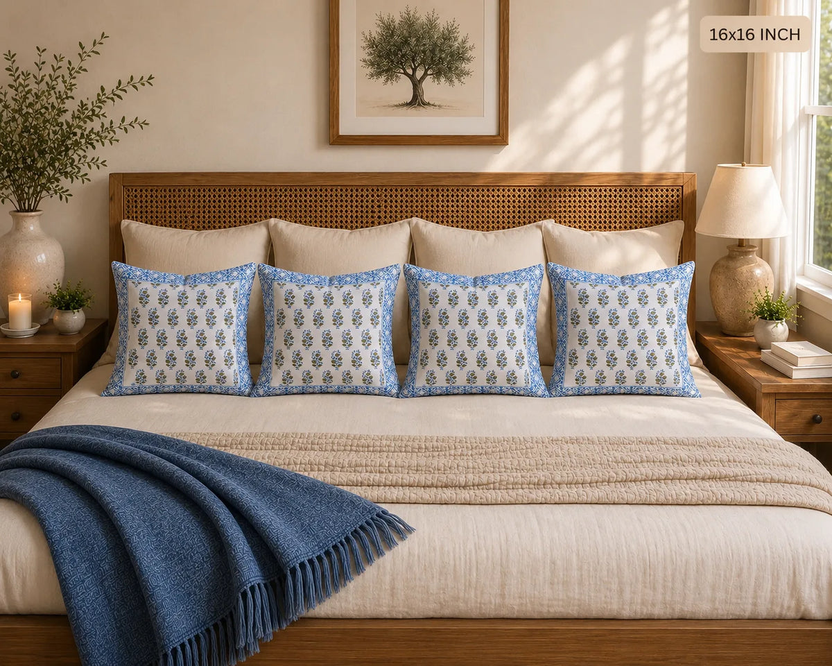 Neel Amber Hand Block Print Cushion Cover – 16x16 Inch | Floral Cotton Pillow Cover | Jaipur Artisan Design