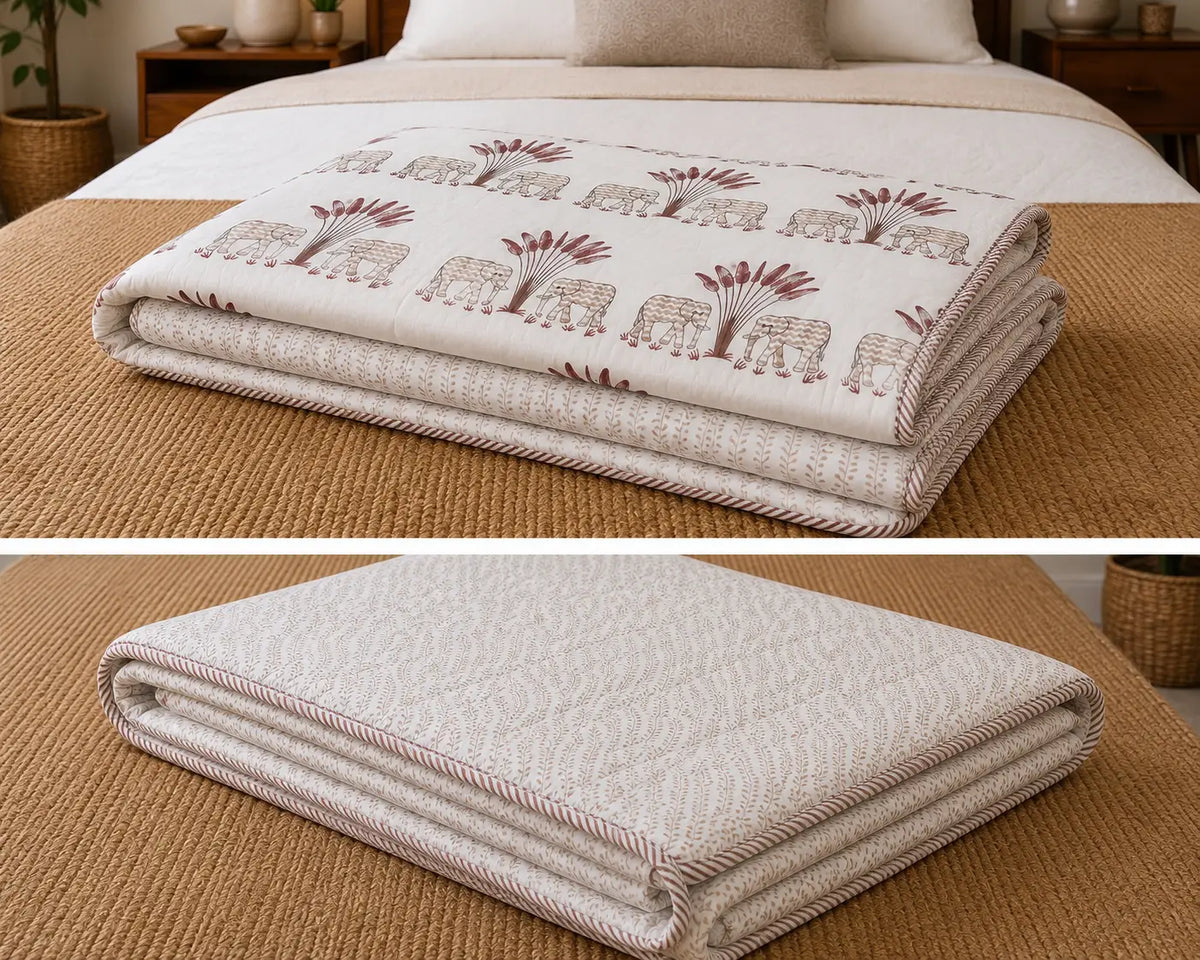 Gaj Vatika Hand Block Print Reversible Single Bed Dohar | 100% Cotton | Soft Lightweight Quilt
