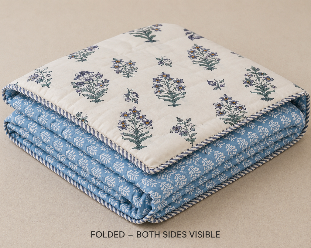 Blue Gulbahar Hand Block Print Reversible Dual Print Single Bed Dohar | 100% Cotton | Soft Lightweight Dohar Quilt