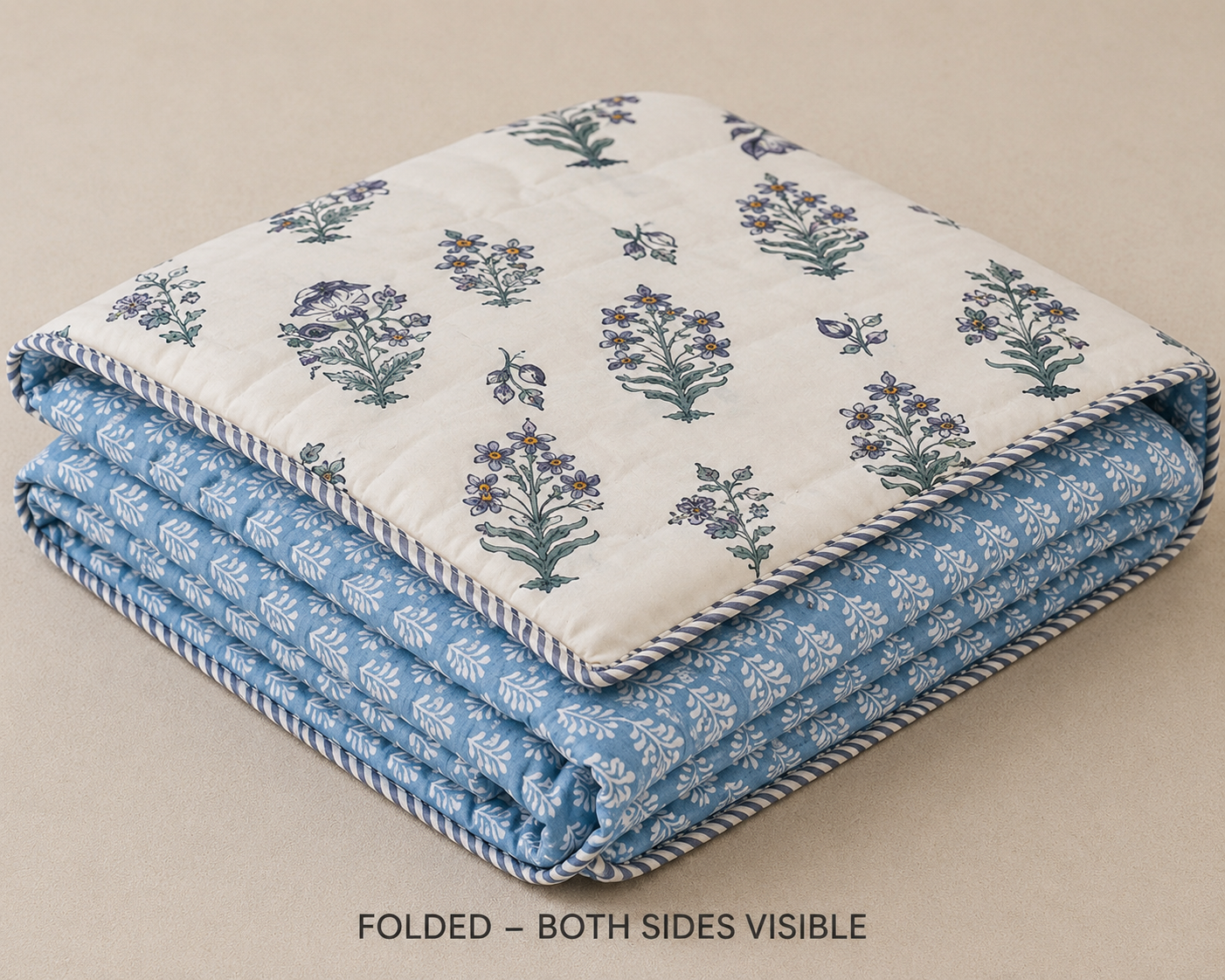 Blue Gulbahar Hand Block Print Reversible Dual Print Single Bed Dohar | 100% Cotton | Soft Lightweight Dohar Quilt