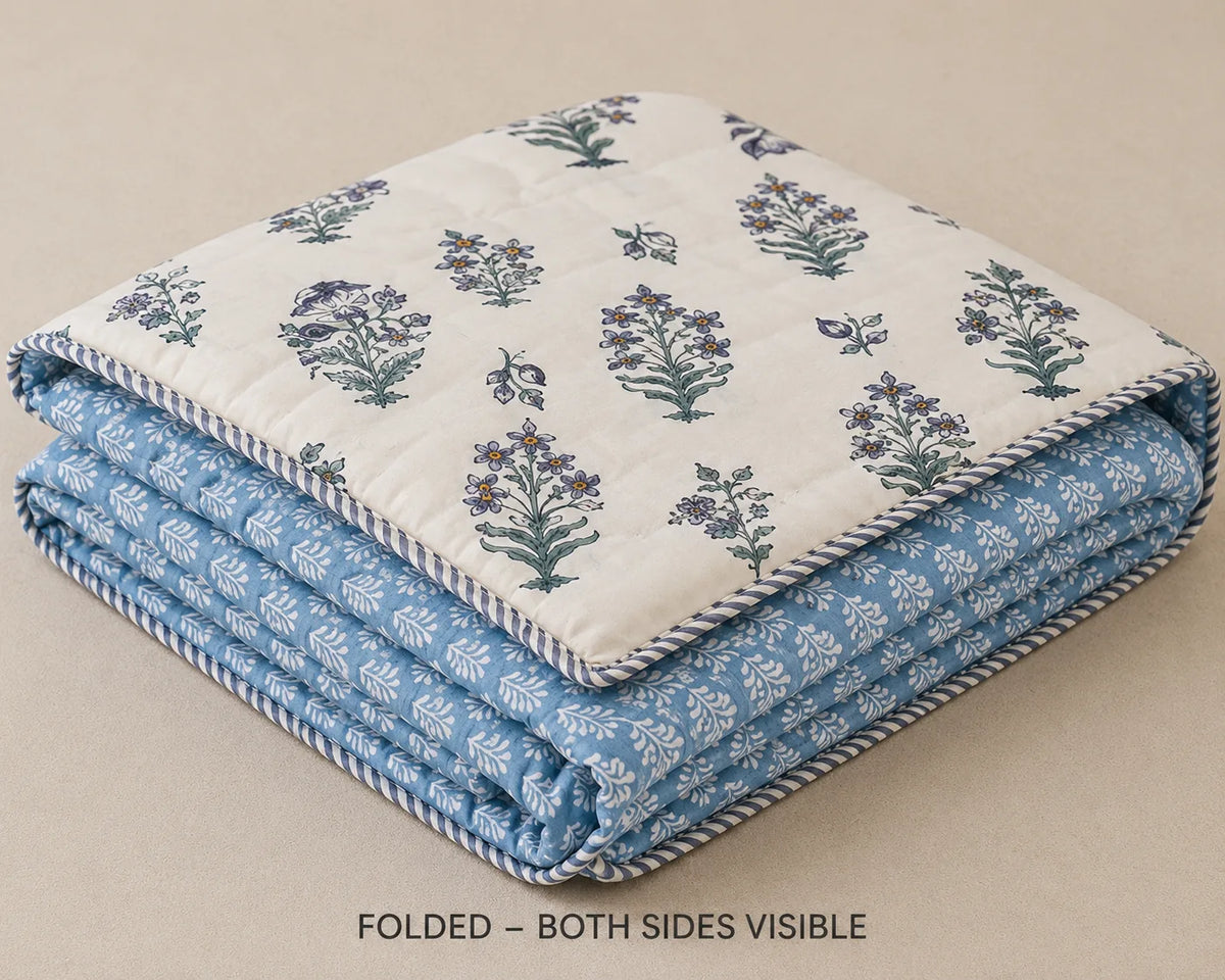 Blue Gulbahar Hand Block Print Reversible Dual Print Single Bed Dohar | 100% Cotton | Soft Lightweight Dohar Quilt