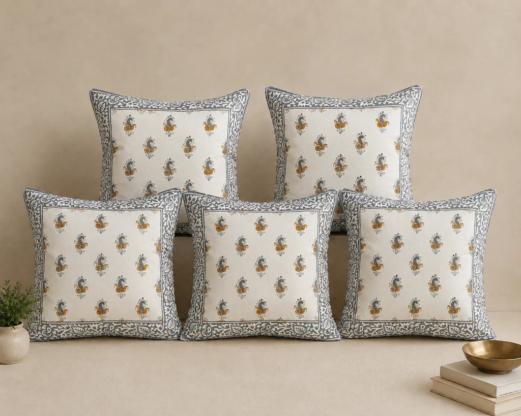 Sanganeri Noor Hand Block Print Cushion Cover 16x16 Inch | Premium Cotton | Grey Floral Border