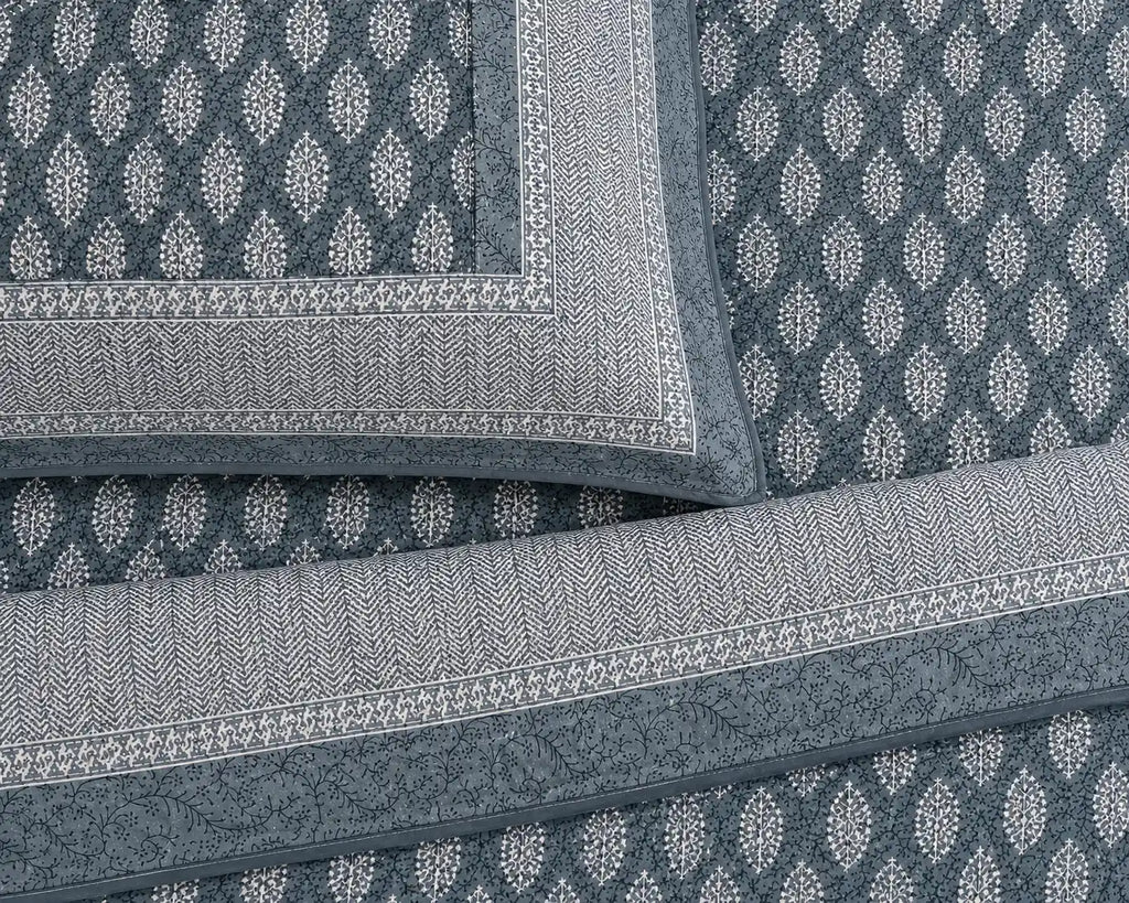 Slate Blue Buti Print Premium Cotton Bedsheet with Bordered 2 Pillow Covers