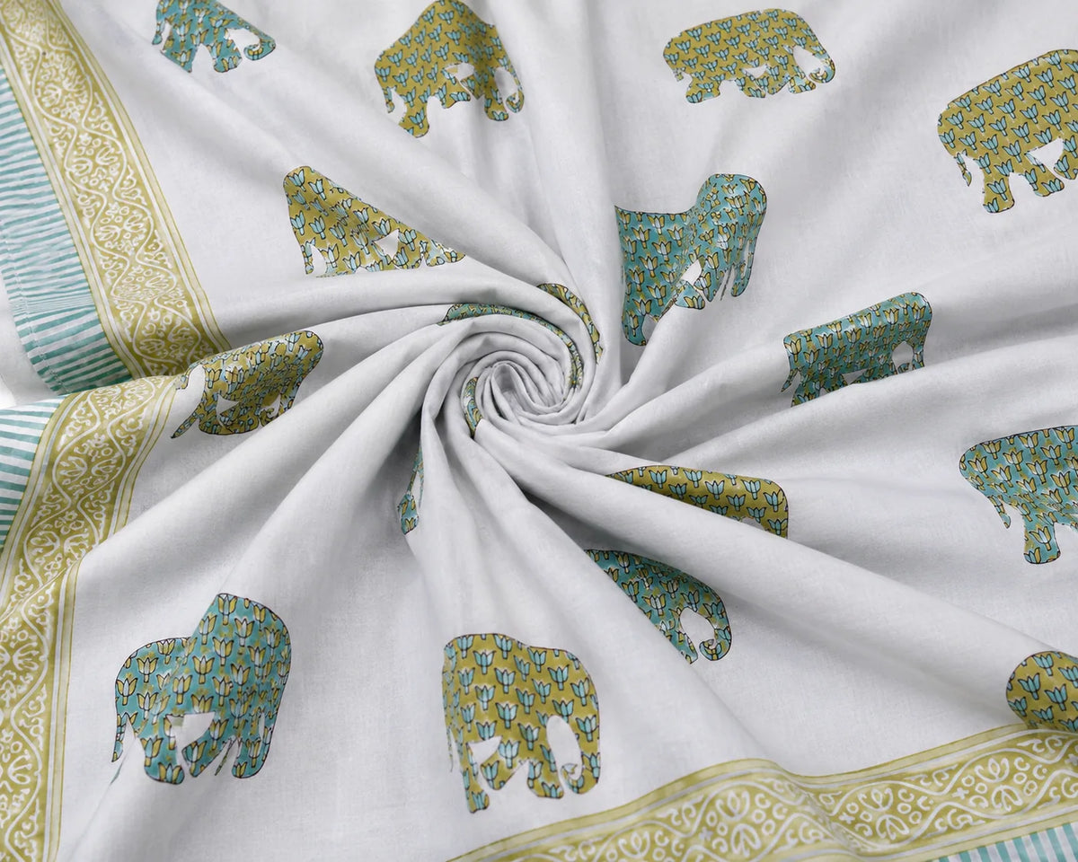 Gajraj Handblock Print Mustard & Sea Green Premium Cotton Bedsheet with 2 Pillow Covers (108x108 super king size)