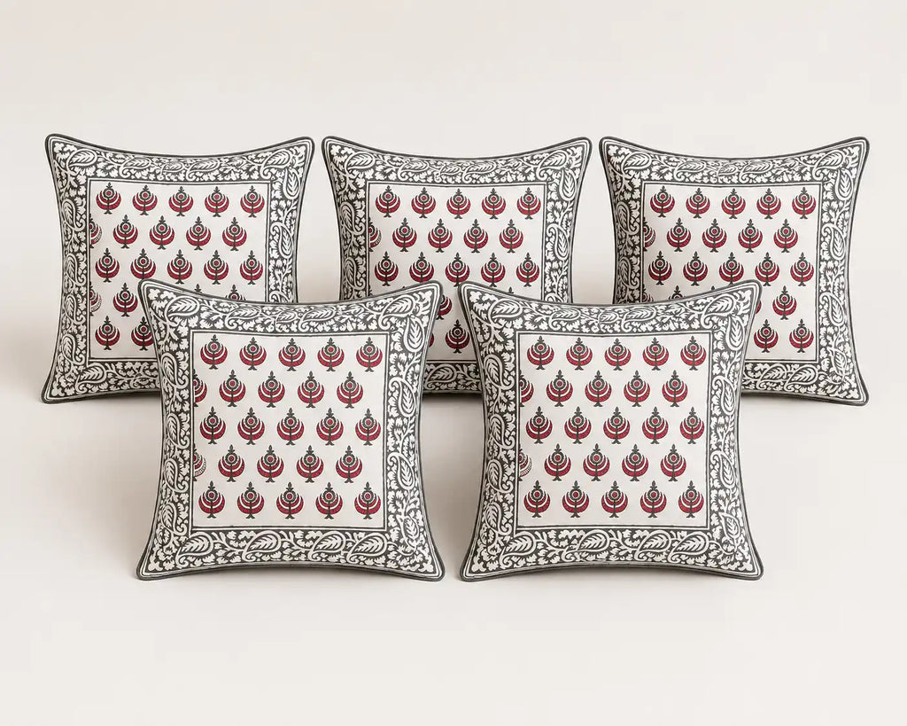 Anaar Bagh Hand Block Print Cushion Cover – 16x16 Inch | Floral Cotton Pillow Cover | Jaipur Artisan Design