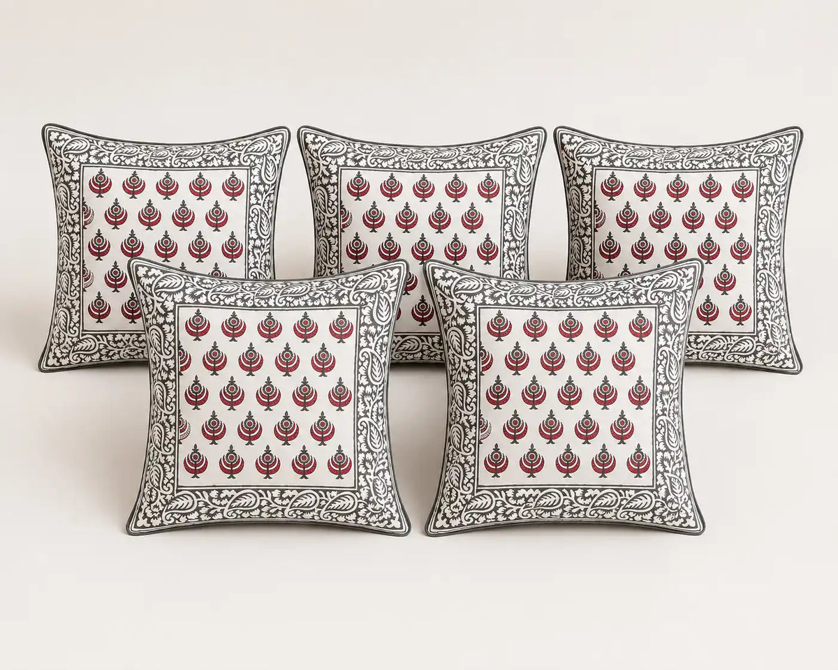 Anaar Bagh Hand Block Print Cushion Cover – 16x16 Inch | Floral Cotton Pillow Cover | Jaipur Artisan Design