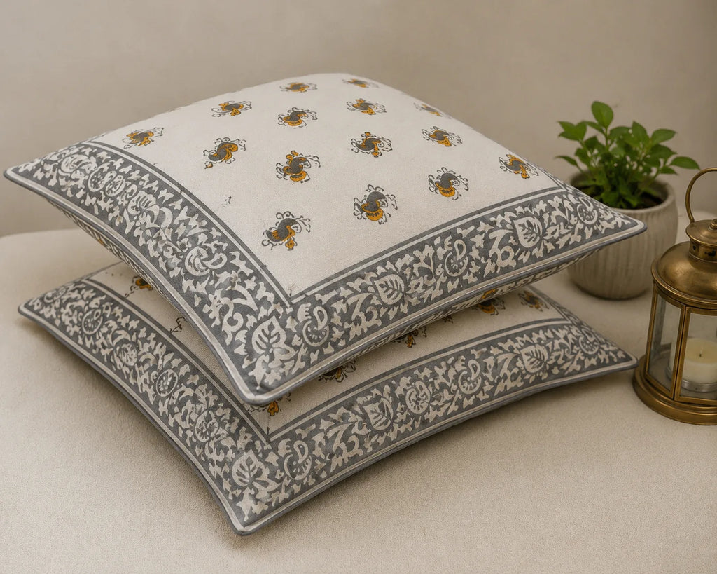 Sanganeri Noor Hand Block Print Cushion Cover 16x16 Inch | Premium Cotton | Grey Floral Border