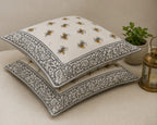 Sanganeri Noor Hand Block Print Cushion Cover 16x16 Inch | Premium Cotton | Grey Floral Border