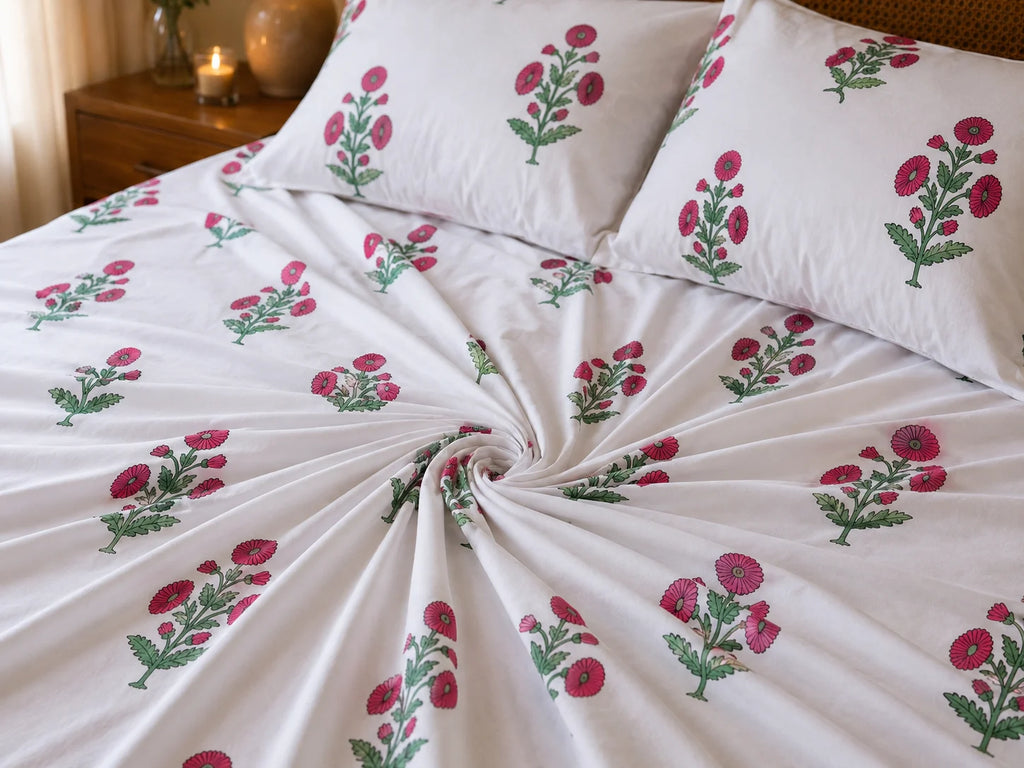 Gulabi Marigold Jaipuri Handblock Print Mulmul Cotton Bedsheet with 2 Pillow Covers (108x108 Super King Size)