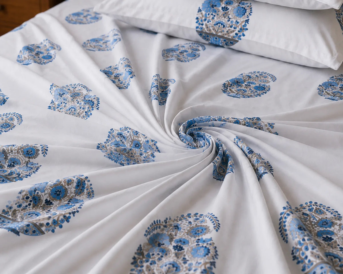 Sham-e-Bahaar Premium Aqua Blue Floral Handblock Print Cotton Bedsheet with 2 Pillow Covers (108x108 Super King Size)