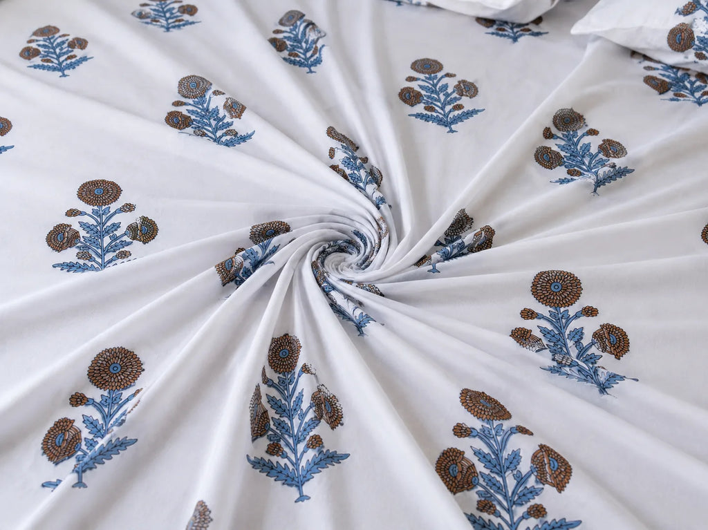 Royal Golden Brown Marigold Jaipuri Handblock Print Mulmul Cotton Bedsheet with 2 Pillow Covers (108x108 Super King Size)