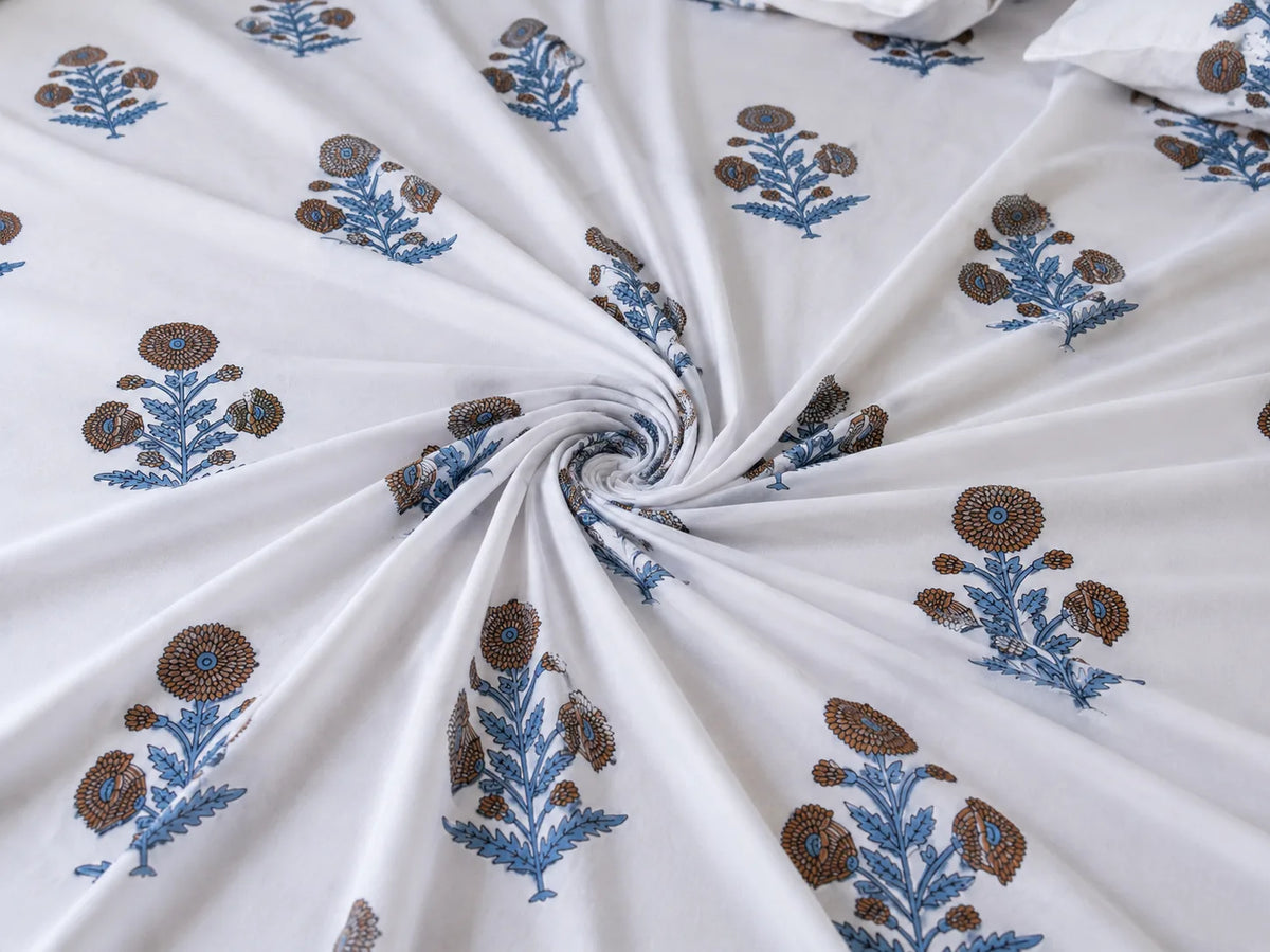 Royal Golden Brown Marigold Jaipuri Handblock Print Mulmul Cotton Bedsheet with 2 Pillow Covers (108x108 Super King Size)