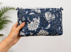 Hand Block Print Quilted Cotton Pouch Set of 3 | Indigo Blue Floral Travel Makeup & Toiletry Organizer