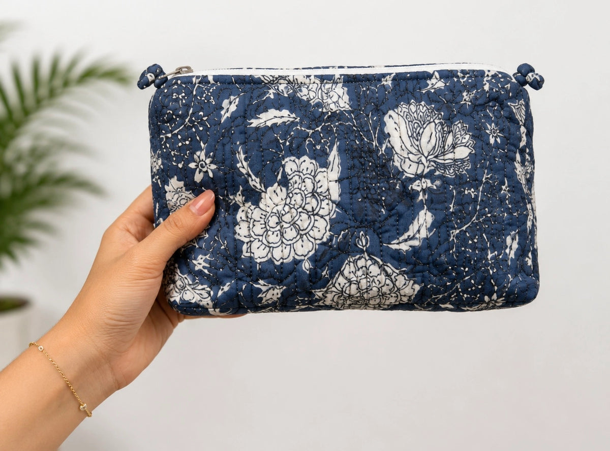 Hand Block Print Quilted Cotton Pouch Set of 3 | Indigo Blue Floral Travel Makeup & Toiletry Organizer