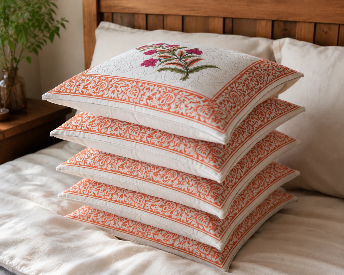Maru Phool Hand Block Print Cushion Cover – 16x16 Inch | Floral Cotton Pillow Cover | Jaipur Artisan Design