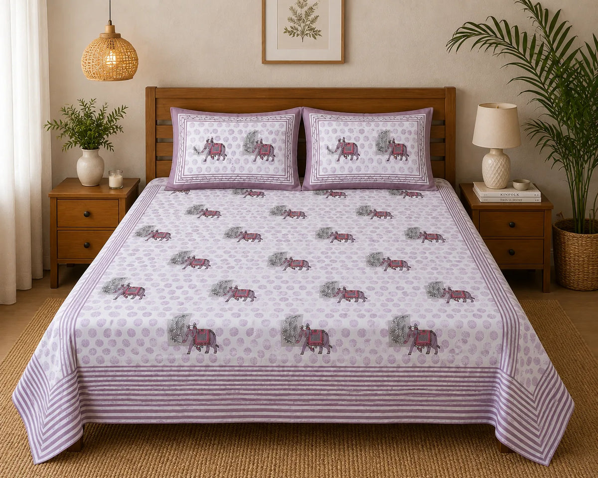 Maharaja Elephant Print Premium Cotton Double Bedsheet with 2 Pillow Covers (108x108 Super King Size)