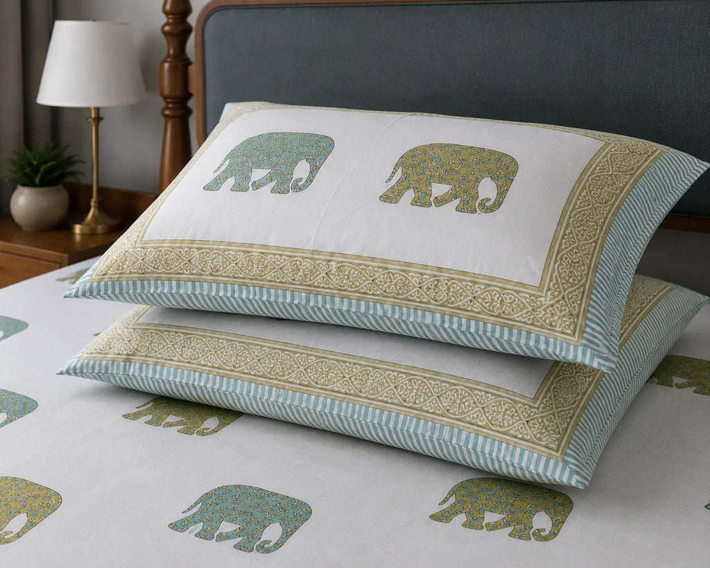 Gajraj Handblock Print Mustard & Sea Green Premium Cotton Bedsheet with 2 Pillow Covers (108x108 super king size)
