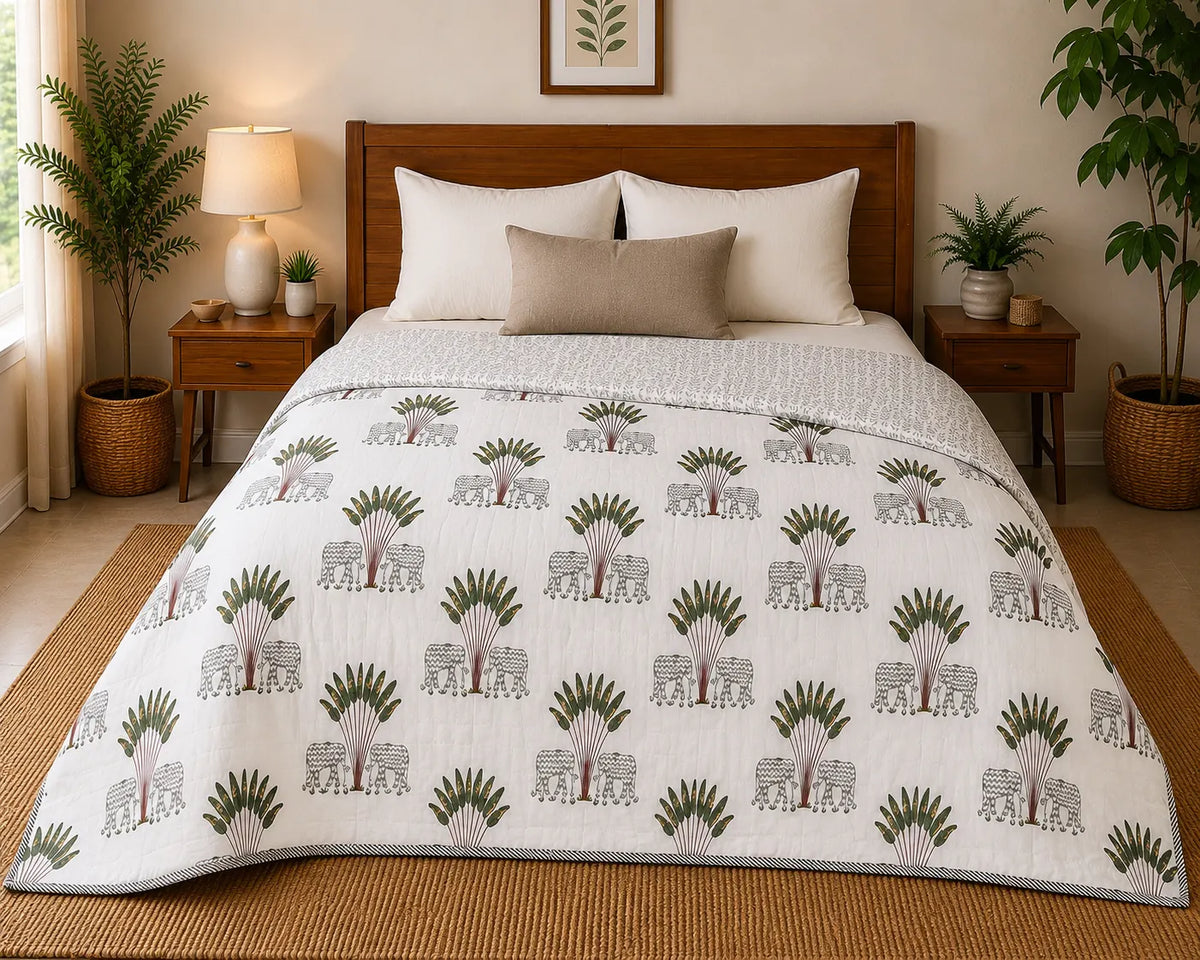 Gaj Vatika Hand Block Print Reversible Single Bed Dohar | 100% Cotton | Soft Lightweight Quilt