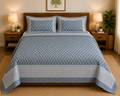 Slate Blue Buti Print Premium Cotton Bedsheet with Bordered 2 Pillow Covers