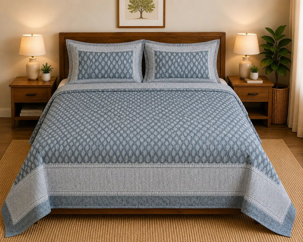 Slate Blue Buti Print Premium Cotton Bedsheet with Bordered 2 Pillow Covers