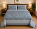 Slate Blue Buti Print Premium Cotton Bedsheet with Bordered 2 Pillow Covers