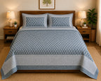 Slate Blue Buti Print Premium Cotton Bedsheet with Bordered 2 Pillow Covers