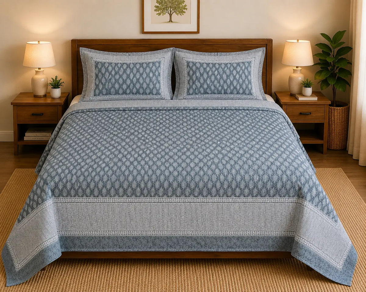 Slate Blue Buti Print Premium Cotton Bedsheet with Bordered 2 Pillow Covers