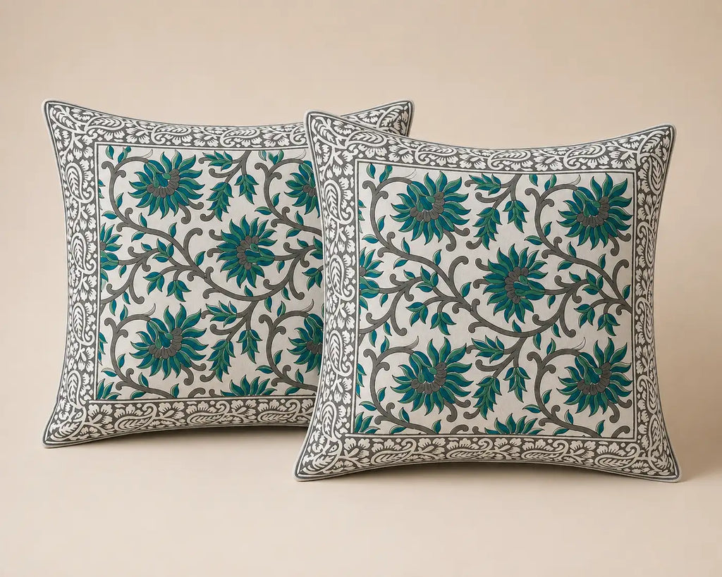 Malhar Hand Block Print Cushion Cover – 16x16 Inch | Floral Cotton Pillow Cover | Jaipur Artisan Design