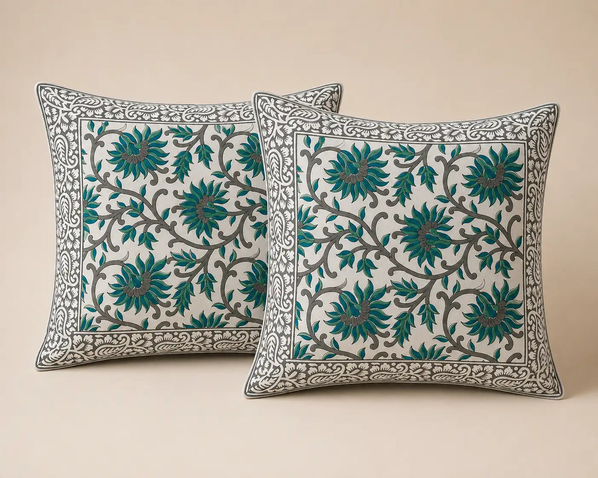 Malhar Hand Block Print Cushion Cover – 16x16 Inch | Floral Cotton Pillow Cover | Jaipur Artisan Design