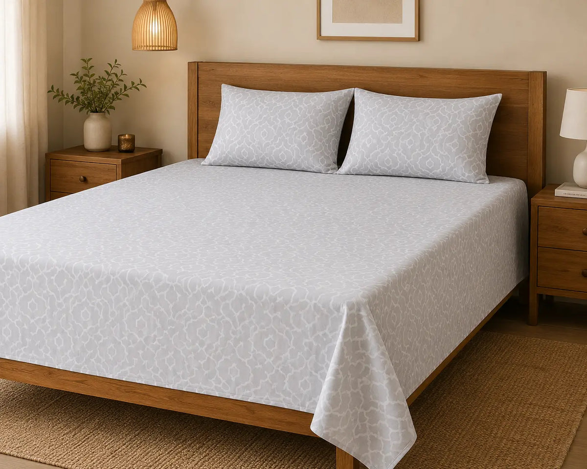 Super King Size Grey Trellis Premium cotton Bedsheet with 2 Pillow covers (108x108 inches)