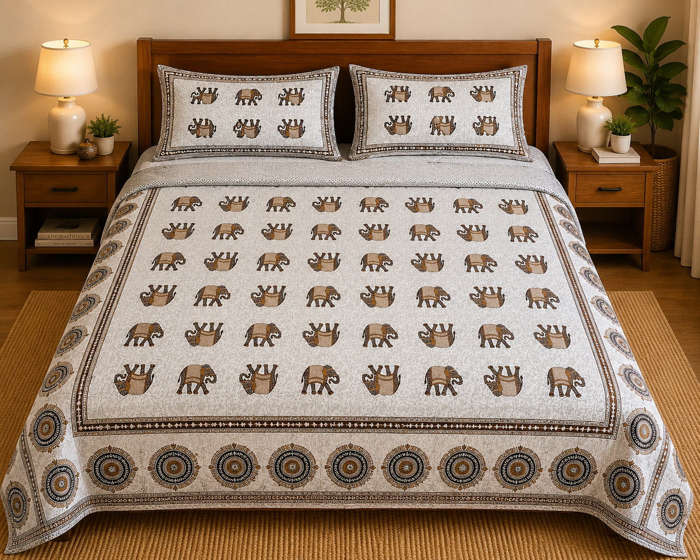 Jaipuri Gaj Booti Bedsheet Set | Ethnic Elephant Print Cotton Bed Sheet with 2 Pillow Covers (108x108 super king size)
