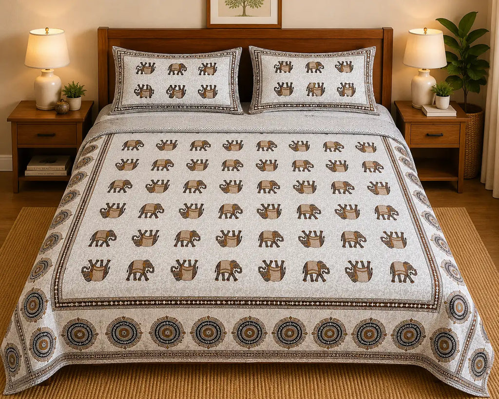 Jaipuri Gaj Booti Bedsheet Set | Ethnic Elephant Print Cotton Bed Sheet with 2 Pillow Covers (108x108 super king size)