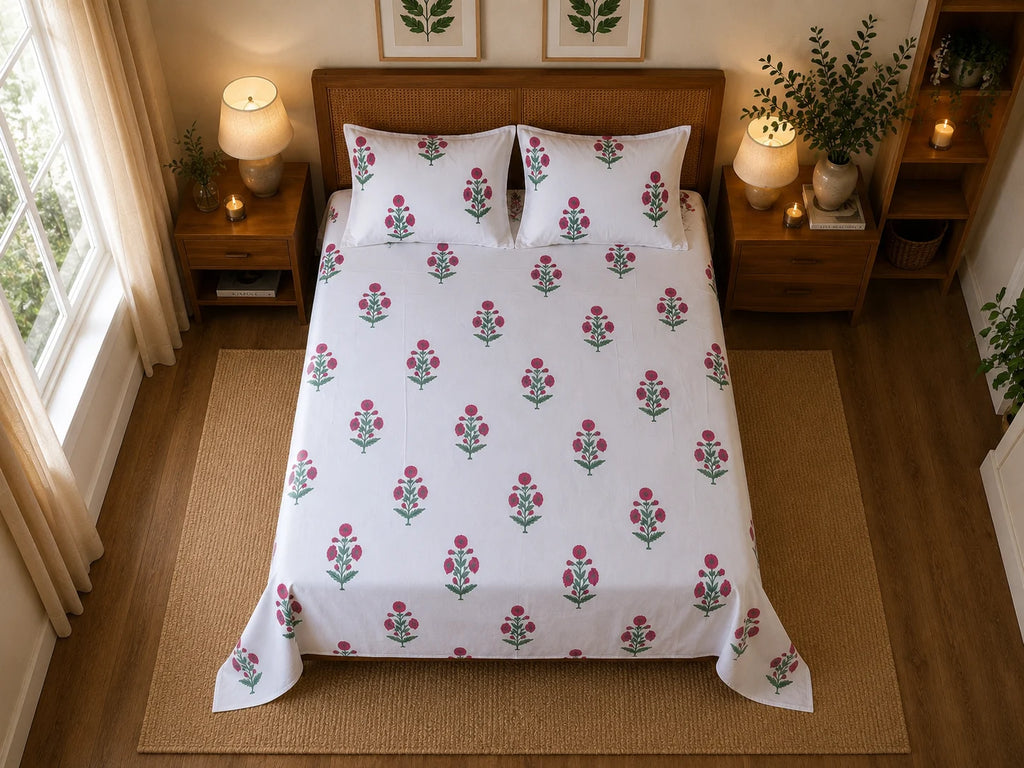 Gulabi Marigold Jaipuri Handblock Print Mulmul Cotton Bedsheet with 2 Pillow Covers (108x108 Super King Size)
