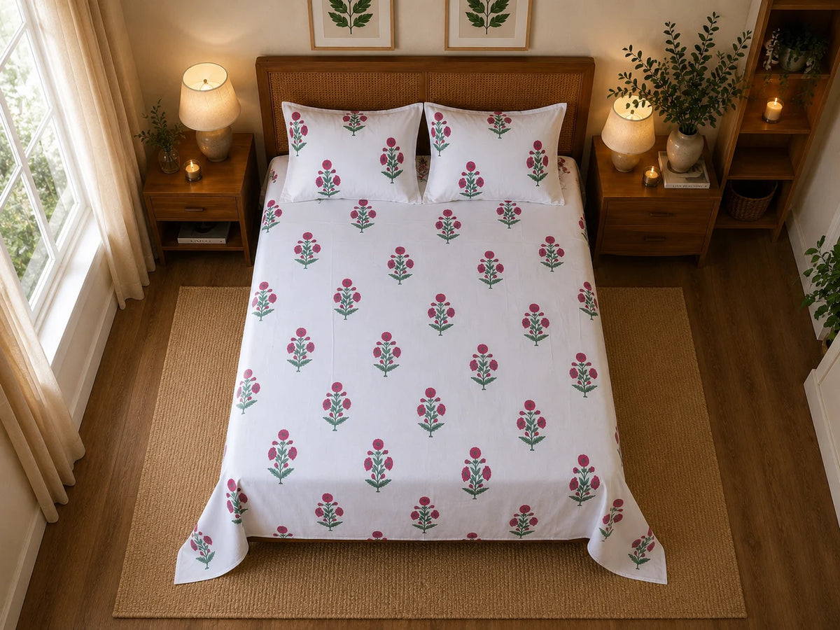 Gulabi Marigold Jaipuri Handblock Print Mulmul Cotton Bedsheet with 2 Pillow Covers (108x108 Super King Size)